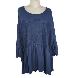 Roamans Women Tunic Top Plus Size 18/20 Embroidered Lace Stretch Knit 3/4 Sleeve